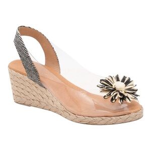 André Assous Aspen Clear Slingback Flower Espadrille Wedge Sandals Size 8.5